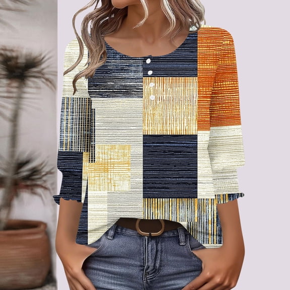 Vetsdori Juniors 3/4 Sleeve Tops Tunic Button up Pullover Casual Graphic,Dressy Round Neck Blouses for Woman Fashion