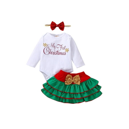 

jaweiwi 3Pcs Baby Girl Christmas Clothes Set Long Sleeve Romper + Layered Skirt + Bow Headband Set for Newborns 6 Months to 3 Years