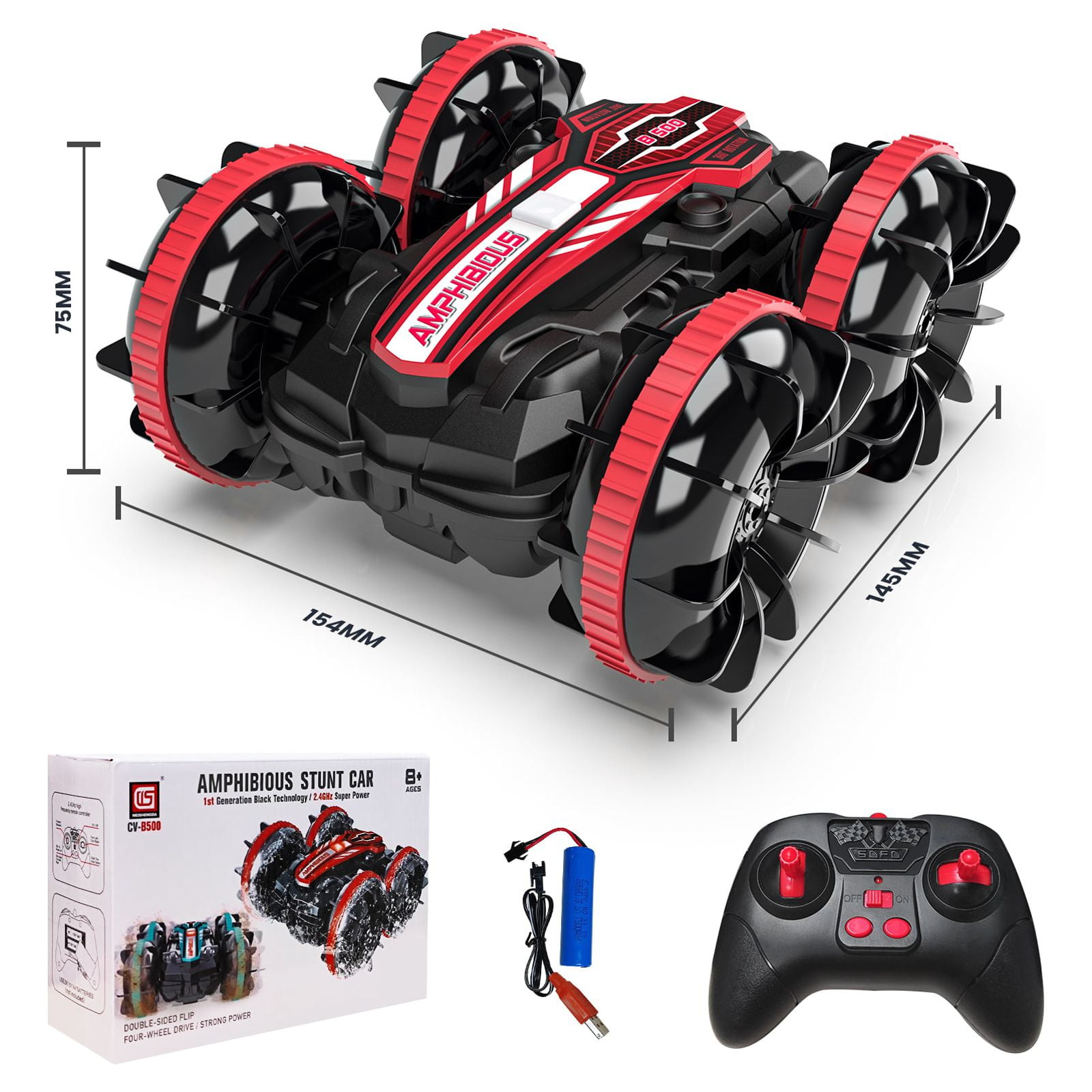 VILINICE Remote Control Car, 4WD RC Car with Double-Sided Driving, Land Water 2 in 1 Stunt Car, Toy Car for Boys & Girls, Gifts for Kids, Red