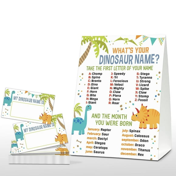 Dino Name Adventure Game for Kids - Fun Safari Jungle Birthday Party Activity with 1 Standing Sign and 30 Stickers for Family and School Celebrations