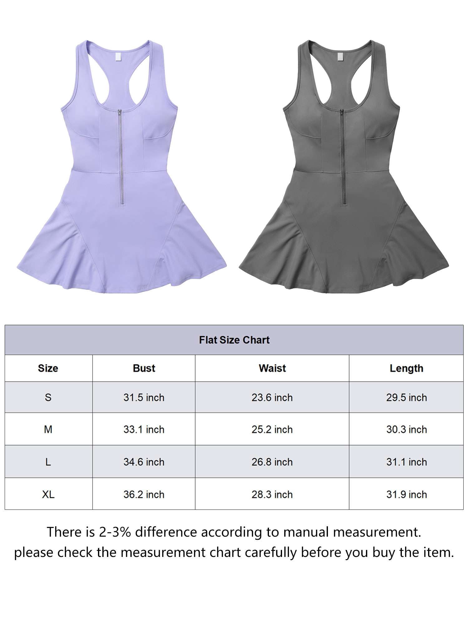 Deago Women's Zip Front Tennis Dress with Built-in Bra & Shorts Square Neck Racerback Sleeveless Workout Golf Dresses (Purple, S)