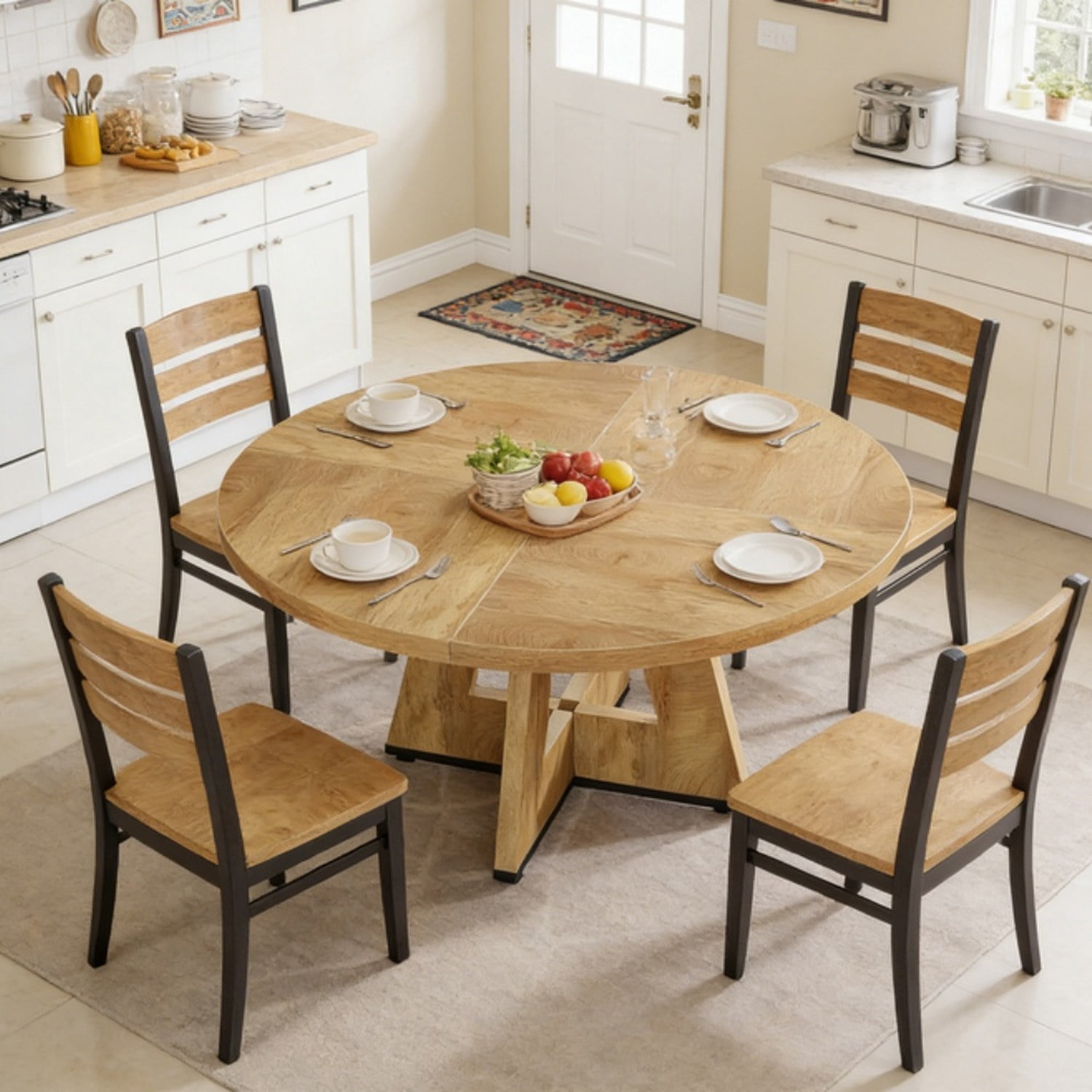 Round Dining Table, Farmhouse Wooden Kitchen Table, Seats 4, 47 in Tabletop, Rustic Brown