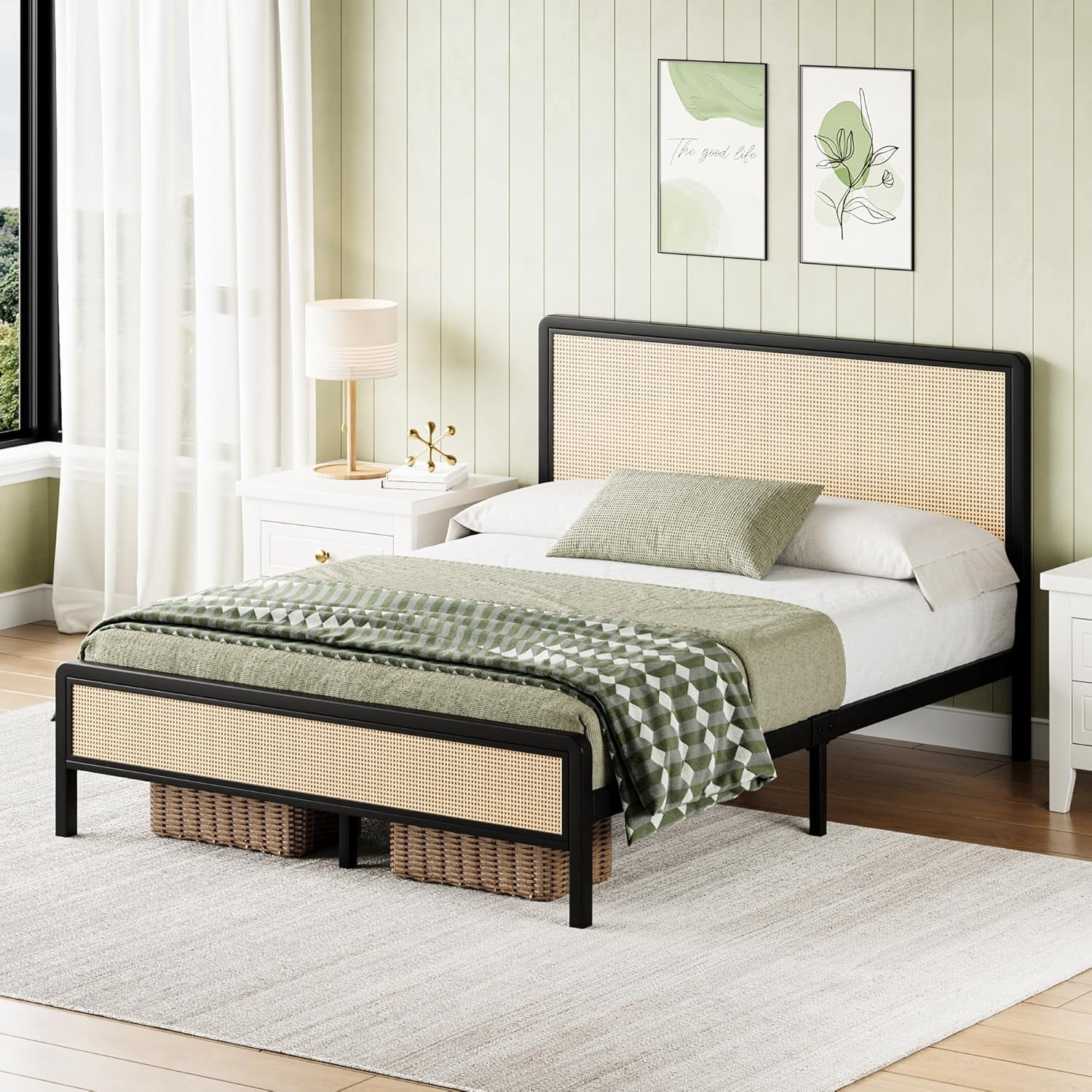 4 EVER WINNER Queen Size Bed Frame, Rattan Bed Frame with Natural Rattan Headboard and Footboard, No Box Spring Needed, Black