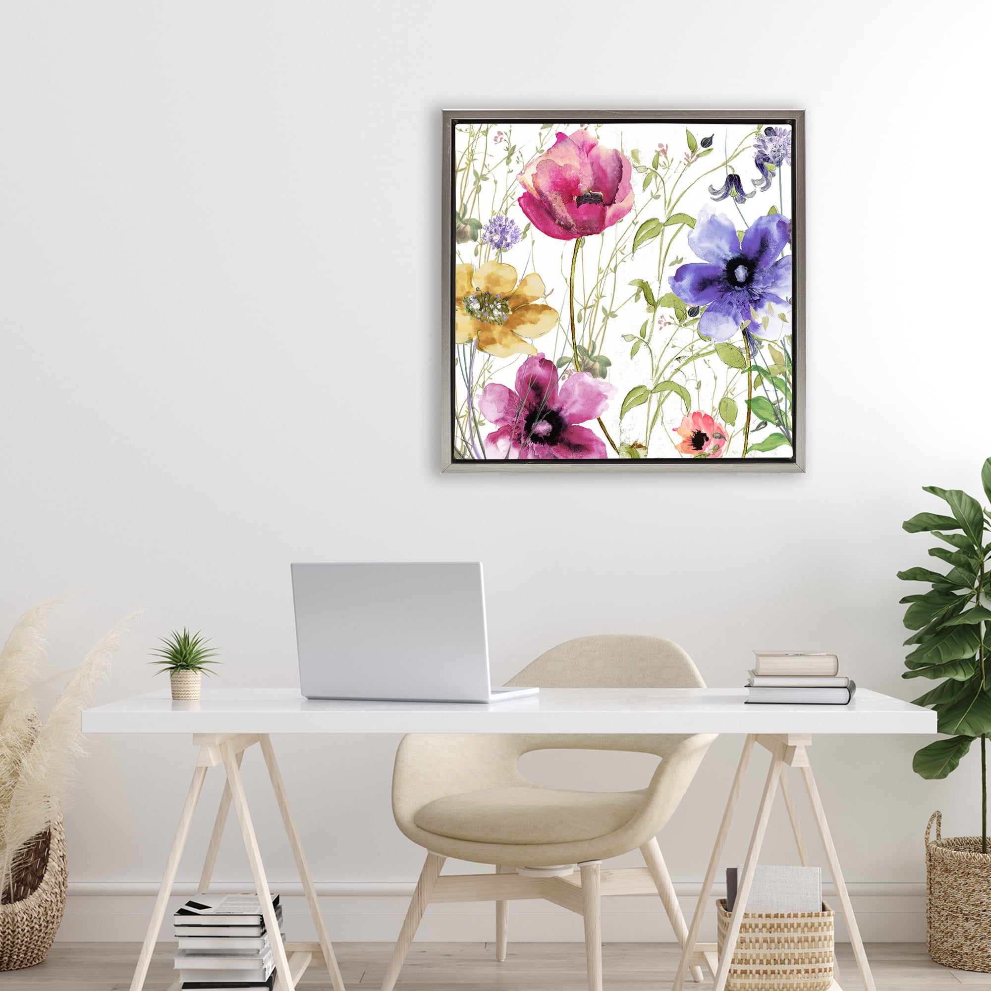 Botanical Spring Garden Blooms Gray Framed Floater Canvas Wall Art, design by Sasha