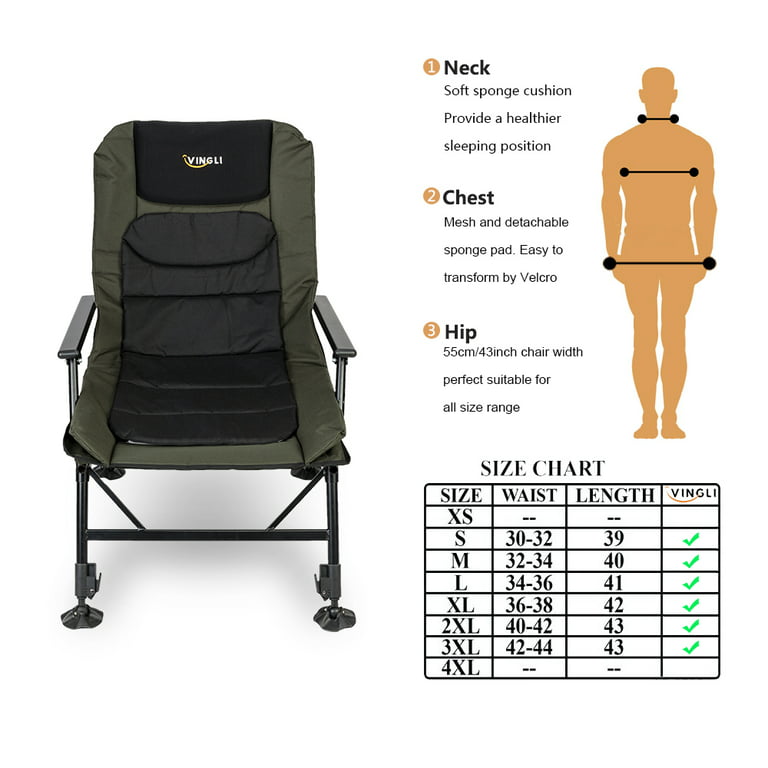 VINGLI Oversized Fishing Chair with Footrest Support 440 lbs 160°  Adjustable Backrest, Black & Army Green 