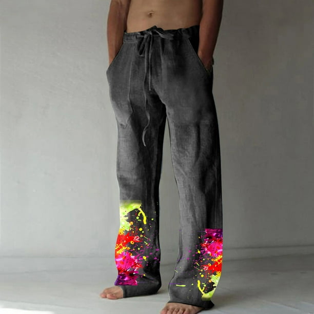 Pantalones largos de verano para hombre, de algodón y lino, con pierna ancha, estampados, con cordones, para deportes y vacaciones