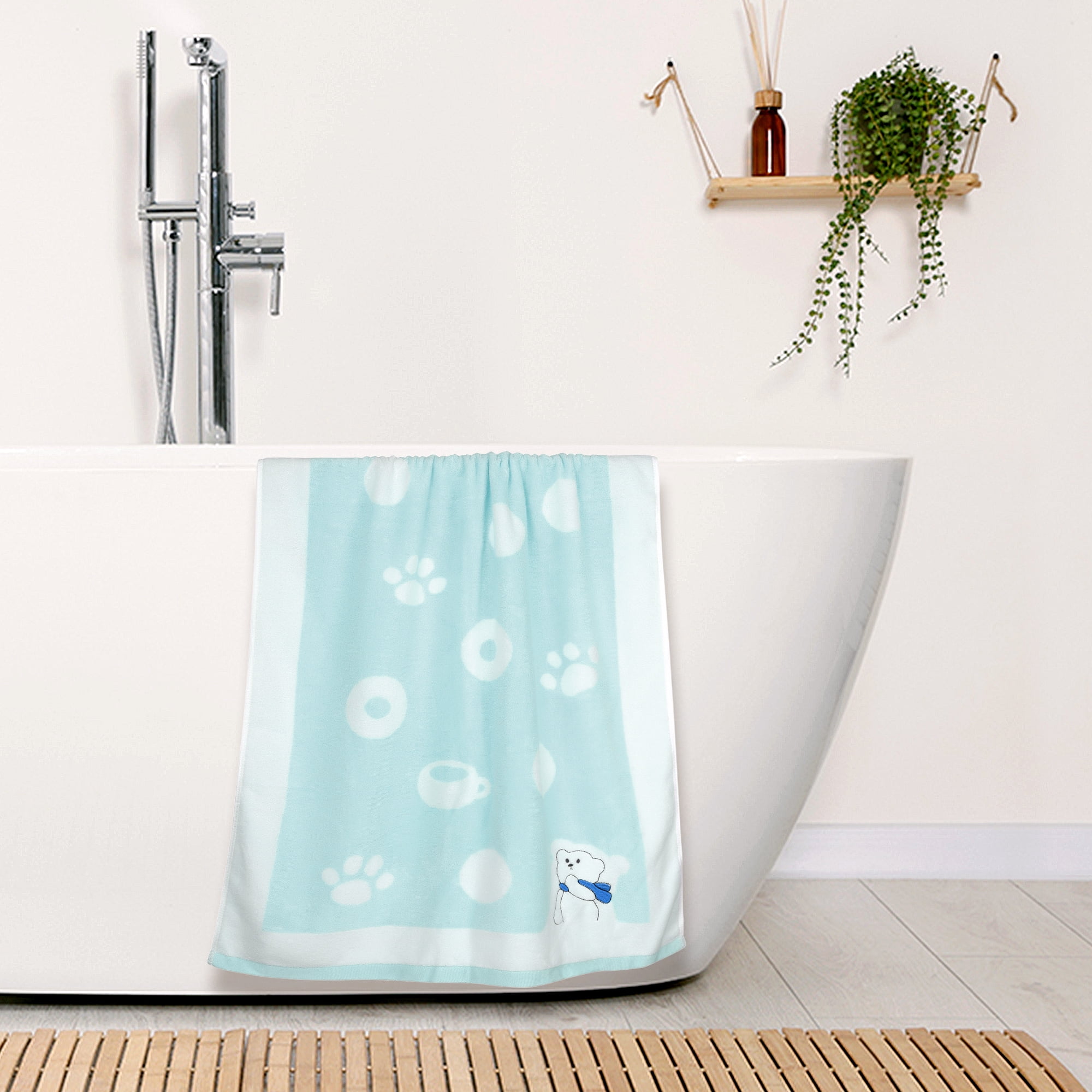 Unique Bargains 100% Cotton 2 Pack Solid Bath Towels Quick Dry and Absorbent Blue Bear
