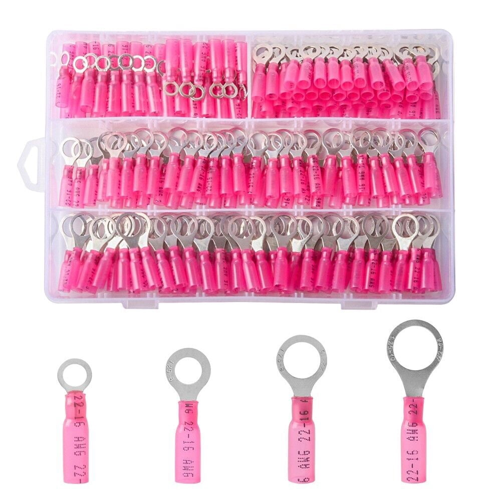 200Pcs Ring Eyelet Heat Shrink Wire 22-16AWG GA Gauge Connectors Terminals Kit