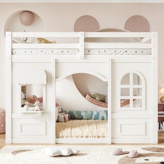 Bellemave Twin Size Playhouse Loft Bed with Windows & Built-in Storage Shelves, Wood Loft Bed Frame with Fun Under Bed Play Space for Bedroom, Beige