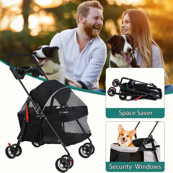 Baellsa Dog Stroller Folding Pet Cat Stroller with 4 Wheels Portable Doggy Stroller with Cup Holders, Black