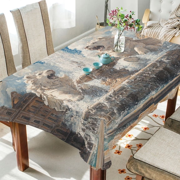 BZSMCE Square Tablecloth Fountain and Lion Pattern Tableclothes
