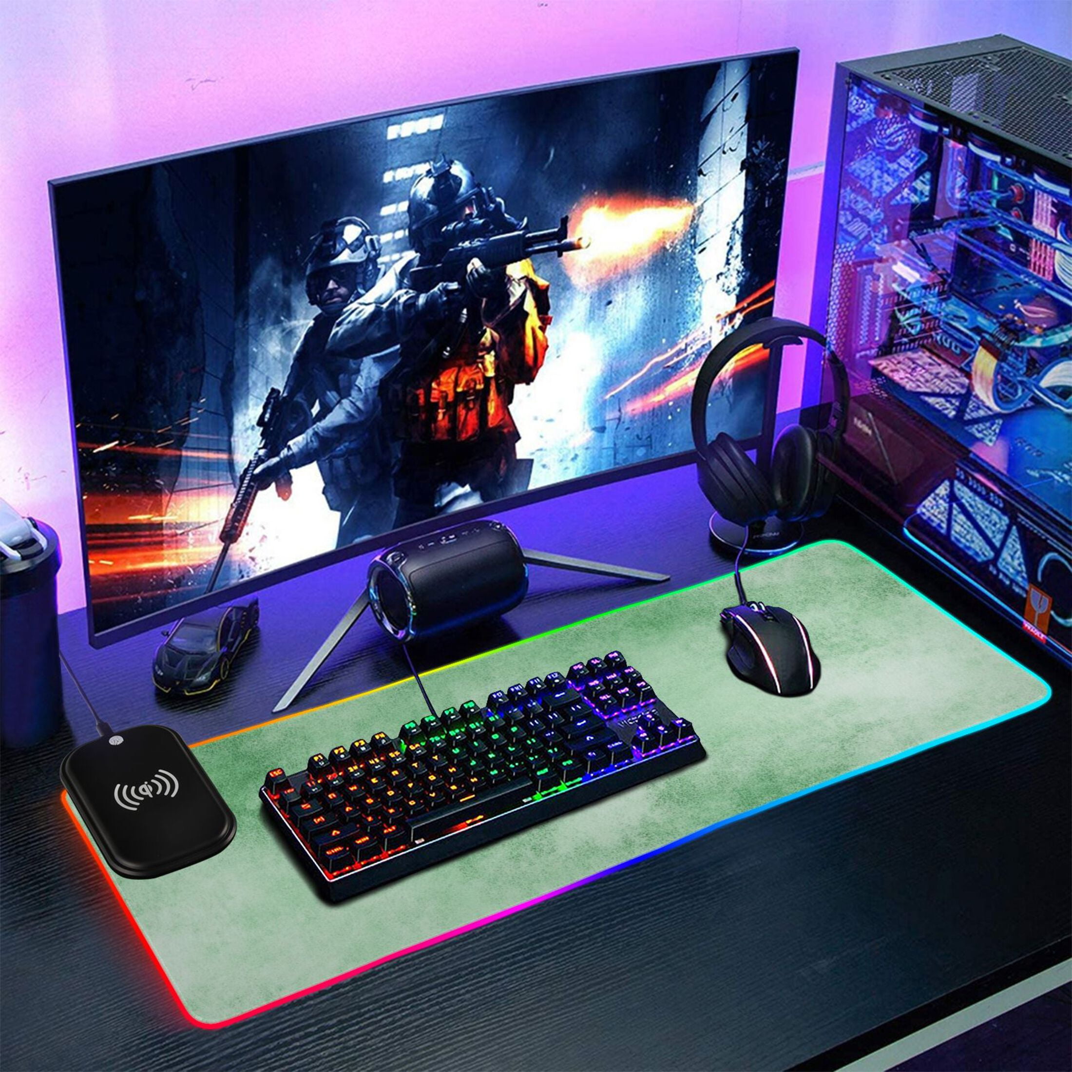 RGB Gaming Mouse Pad 15W Wireless Charging Large Waterproof Desk Mat 13 Light Modes Mousepad 31.5x11.8 Colorful Green Watercolor