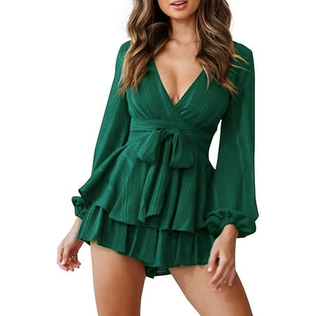 

Dasayo Green One Piece Romper Womens Fashion Summer Solid Casual Long Sleeve Suspender Short Jumpsuit
