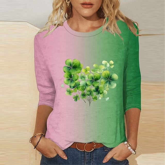 Meichang Hauts pour Femmes pour la Saint-Patrick Liquidation T-Shirts Col Rond Chanceux Trèfle Graphique Manches 3/4 Hauts Amples Irlandais