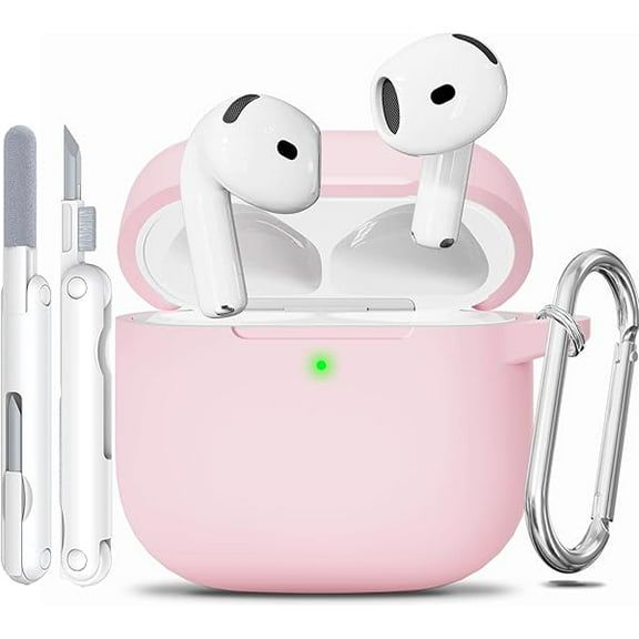 for AirPods 4 Case, Soft Silicone Case Compatible with Apple Airpods 4th Generation 2024 for Women Girly, Anti-Scratch Pink Case Cover with Cleaner Kit and Keychain, Drop Protection