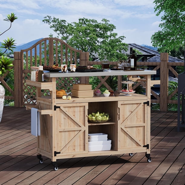 Garvee carrito para asador con cubierta de acero inoxidable, gabinete de almacenamiento, portaespecias, toallero y ruedas, ideal para BBQ y cocina exterior