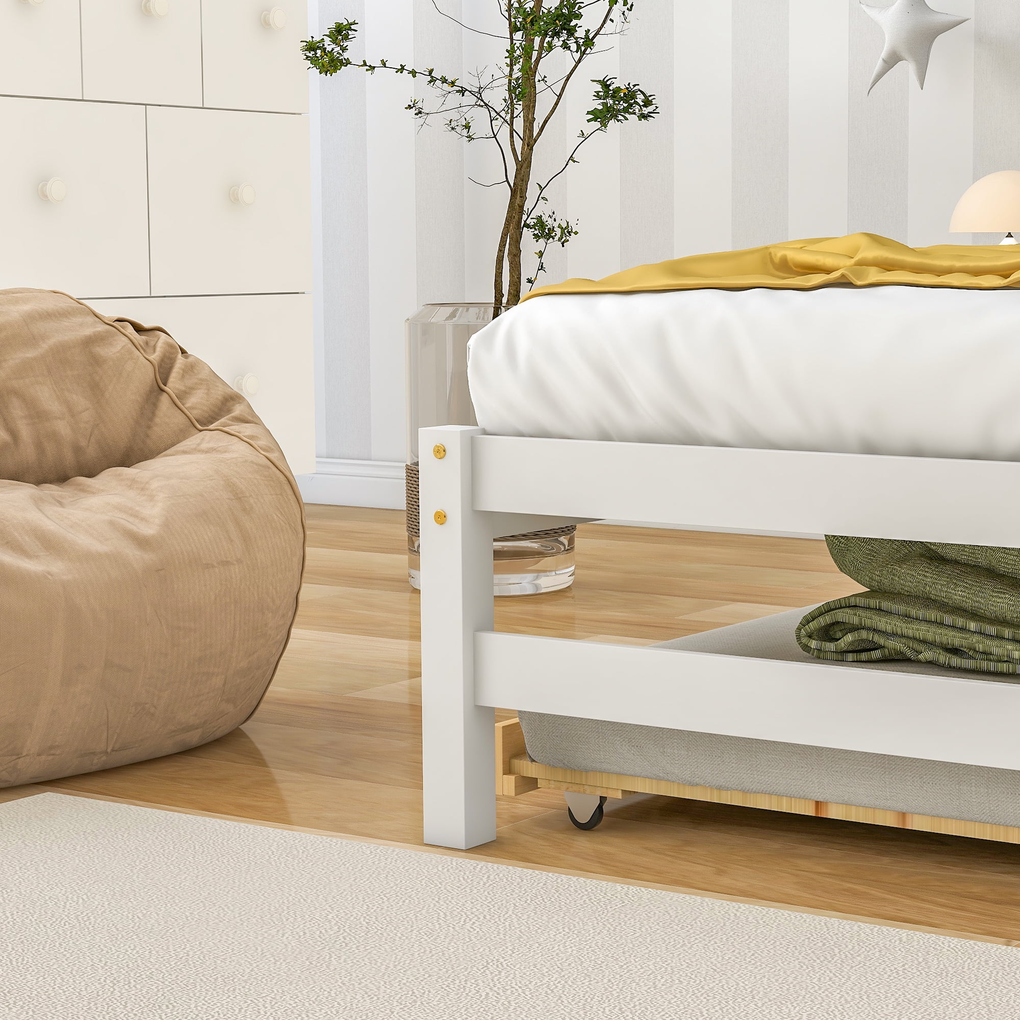 Euroco Wood Twin Size Platform Bed with Trundle and House Shelf for Kids, White