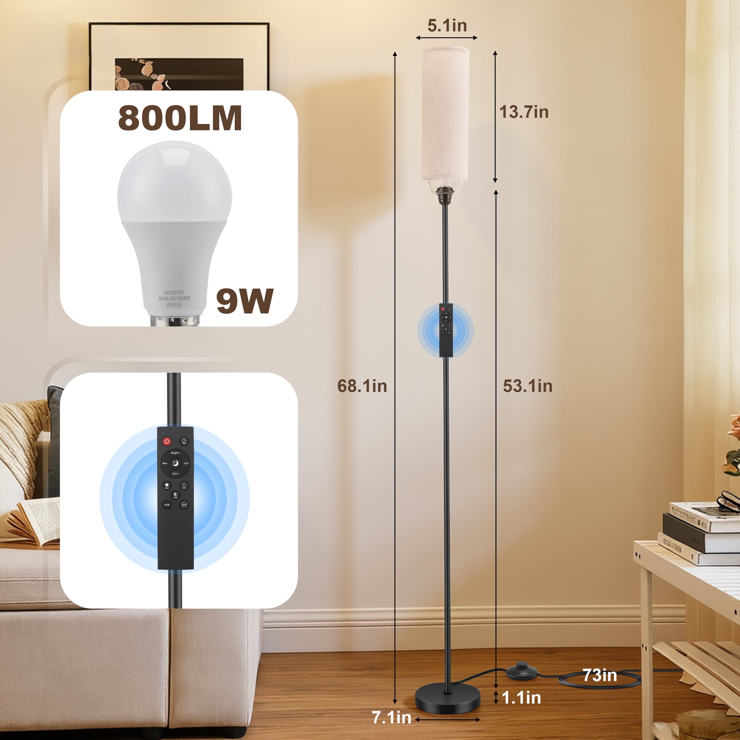 RELOIVE LED Floor Lamp,68.1” Dimmable Standing Tall Lamp with APP Control & RGB Colors,9W 800LM LED Bulb Included,for Bedroom, Office, Kids & Living Room