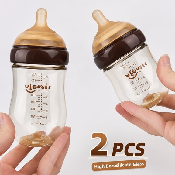 2 Pack Glass Baby Bottles, 5.4 oz Wide Neck Feeding Bottles with Medium Flow Silicone Nipples for Infants
