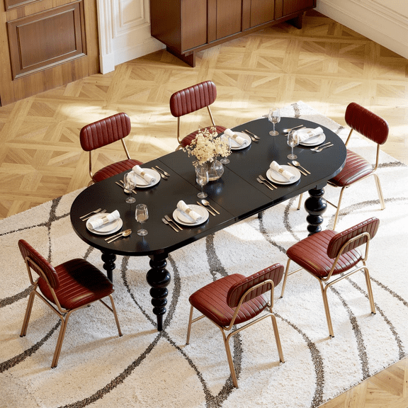 67"-79" Mid-Century Oval Extendable Dining Table Black Seats 4-8 People