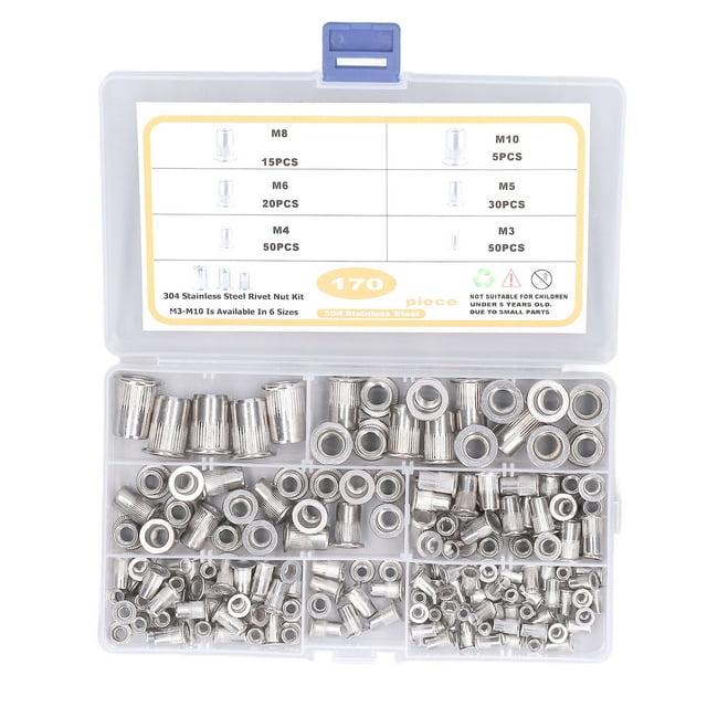 170pcs M3 M10 Écrous à Rivet en Acier Inoxydable 304 Durable Tête Plate Écrou à Rivet Fileté