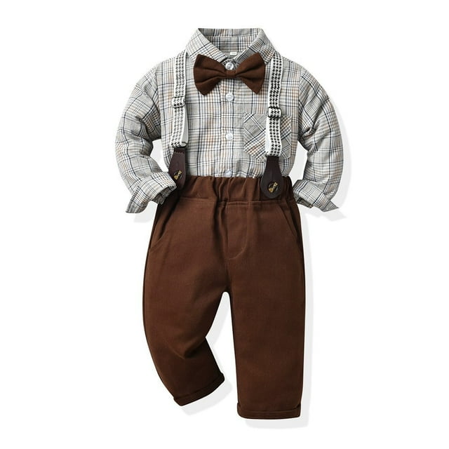 RXIRUCGD Ensemble Mode pour Enfants Chemise à Rayures Pantalon Ensemble 2 Pcs Manches Longues Col Rond Haut/chemise (Marron, Taille: 110)