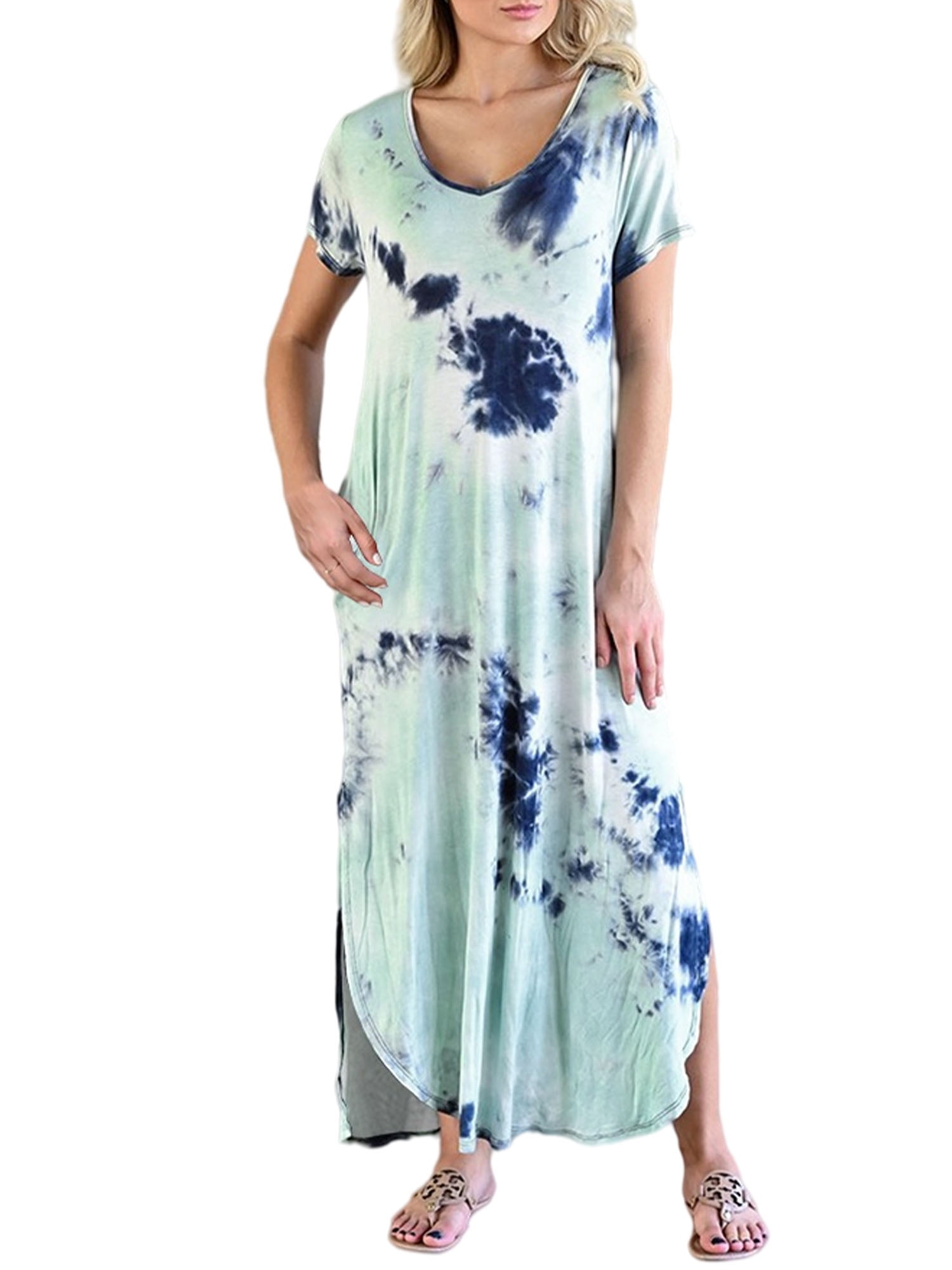 Split Maxi Tshirt Dress for Women Tie-dye Beach Dress V-Neck Short Sleeve Nightgown Loungewear with Pocket