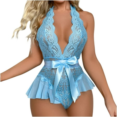 QENGING Lingerie for Women Halter Teddy One Piece Solid Bodysuits Deep V Lace Bow Suit Suspender Skirt Deals of The Day