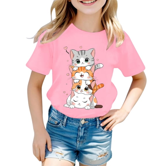 Hihipz Infant Girl's T Shirts Cute Cat Graphic Print Short Sleeve Crew Neck Tee Tops Comfy Lightweight Summer Tshirts