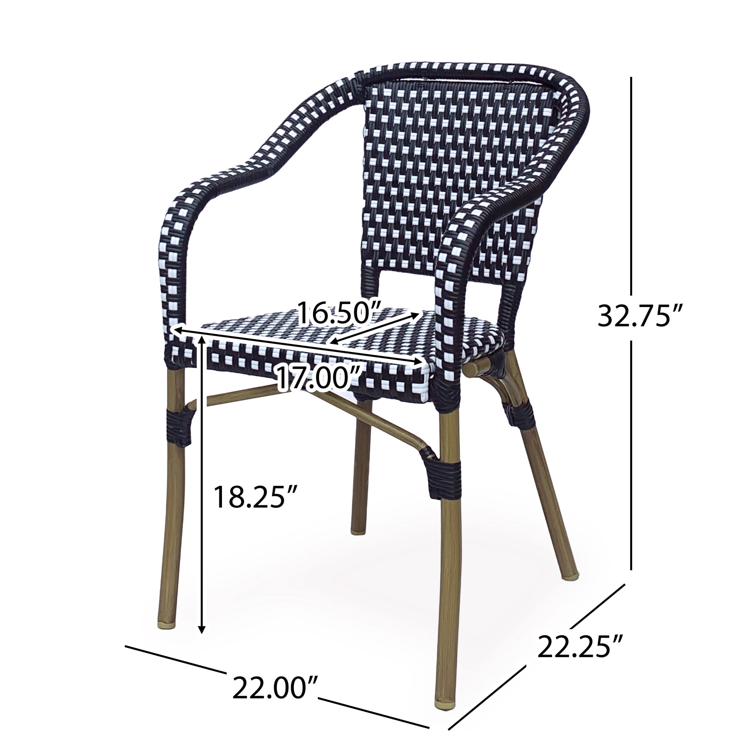 Baton Aluminum and Wicker Outdoor French Bistro Chairs, Set of 4, Black, White, and Wood Print