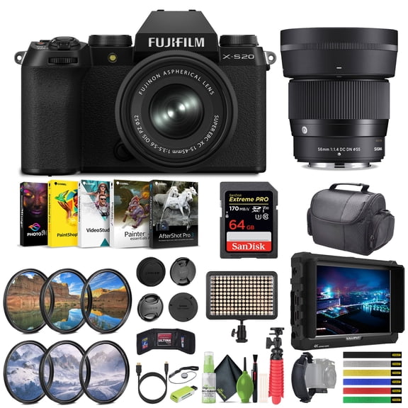 FUJIFILM X-S20 Mirrorless Camera With 15-45mm & Sigma 56mm f/1.4 DC DN Contemporary Lens   64GB Memory Card, 4K Monitor, Corel Editing Software, Tripod, Ideal Vlogging Video Camera Kit (17pc Bundle)