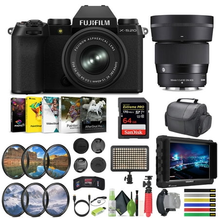 FUJIFILM X-S20 Mirrorless Camera With 15-45mm & Sigma 56mm f/1.4 DC DN Contemporary Lens + 64GB Memory Card, 4K Monitor, Corel Editing Software, Tripod, Ideal Vlogging Video Camera Kit (17pc Bundle)