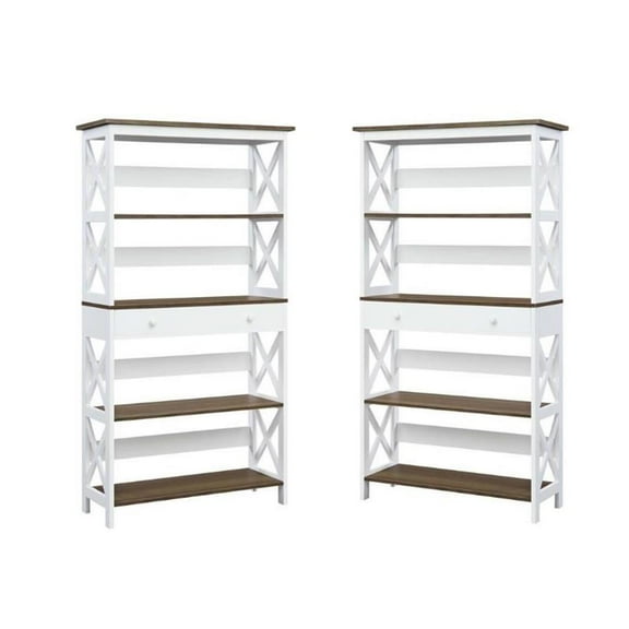 Home Square 5 Tier Shelf Driftwood Bookcase Set in White (Set of 2)