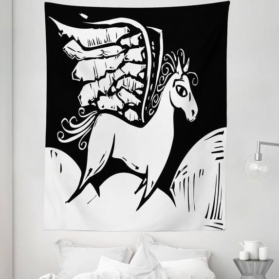 Art Tapestry, Monochromatic Graphic of Pegasus Horse with Wings Abstract Design Print, Fabric Wall Hanging Decor for Bedroom Living Room Dorm, 5 Sizes, Charcoal Grey and White, by Ambesonne