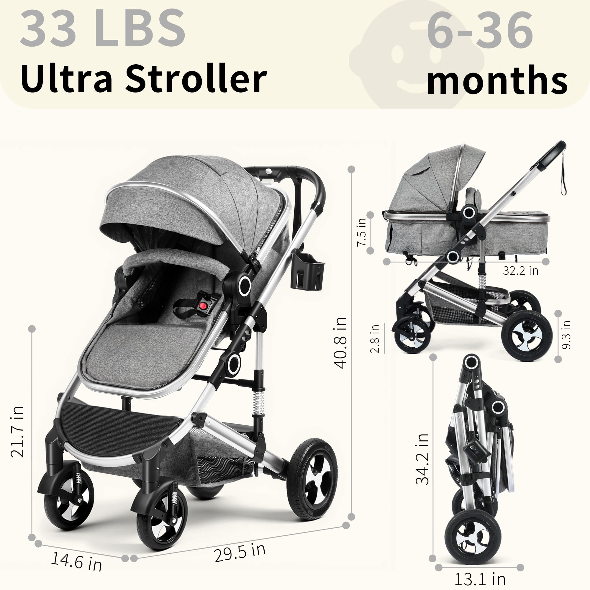 AILEEKISS 3-in-1 Convertible Baby Stroller with Big Seat and Adjustable Canopy, 24 Pounds, Dark Grey