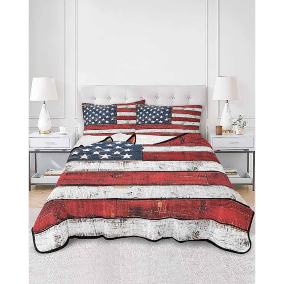 Quilts Twin XL Size, Vintage American Flag Soft Comforter Bedding Set for Bed, Country Wooden USA Flag Lightweight Quilted Bedspread with Pillow Cover(2 Pieces) for All Season, 68x98 Inch