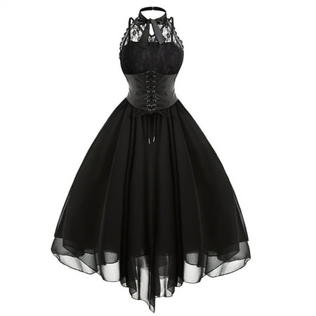 

SHENGXINY Sexy Gothic Halter Backless Dress Punk Lace Up High Waist Women Swing Dress Victorian Ball Bown Casual Vintage Corset Dresses