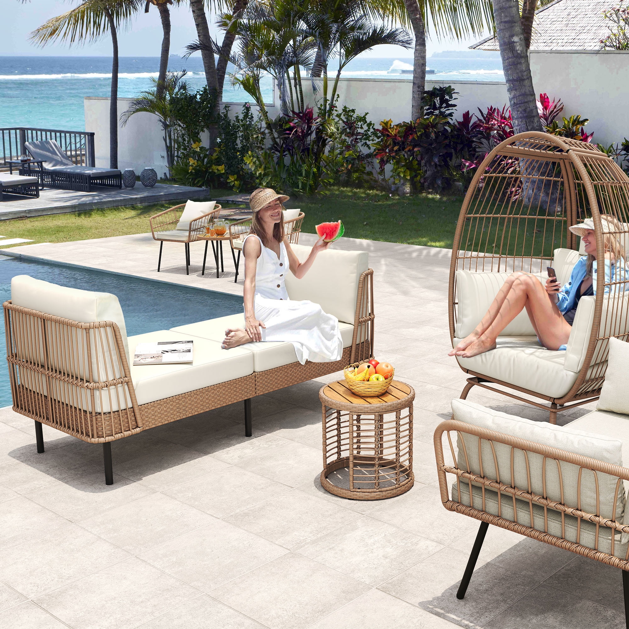 Dextrus Outdoor Daybed 74in Wicker Patio Sofa Bed With Thickness Cushion Indoor Bed Lounger for Balcony Garden Deck Lawn - Beige