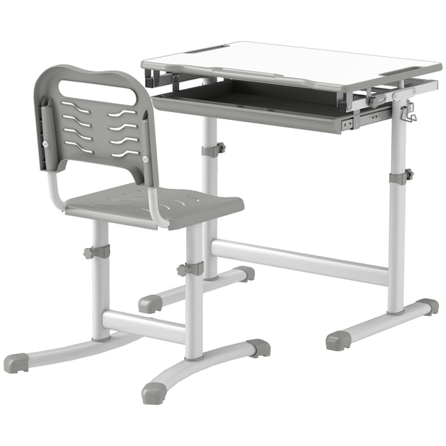 Qaba Ensemble Table et Chaise d'Étude à Hauteur Réglable, Bureau Gris en MDF et Acier avec Dessus Inclinable à 45°, Tiroir, Fentes pour Stylos et Crochet, Espace de Travail Ergonomique pour Chambre Ou Bureau à Domicile