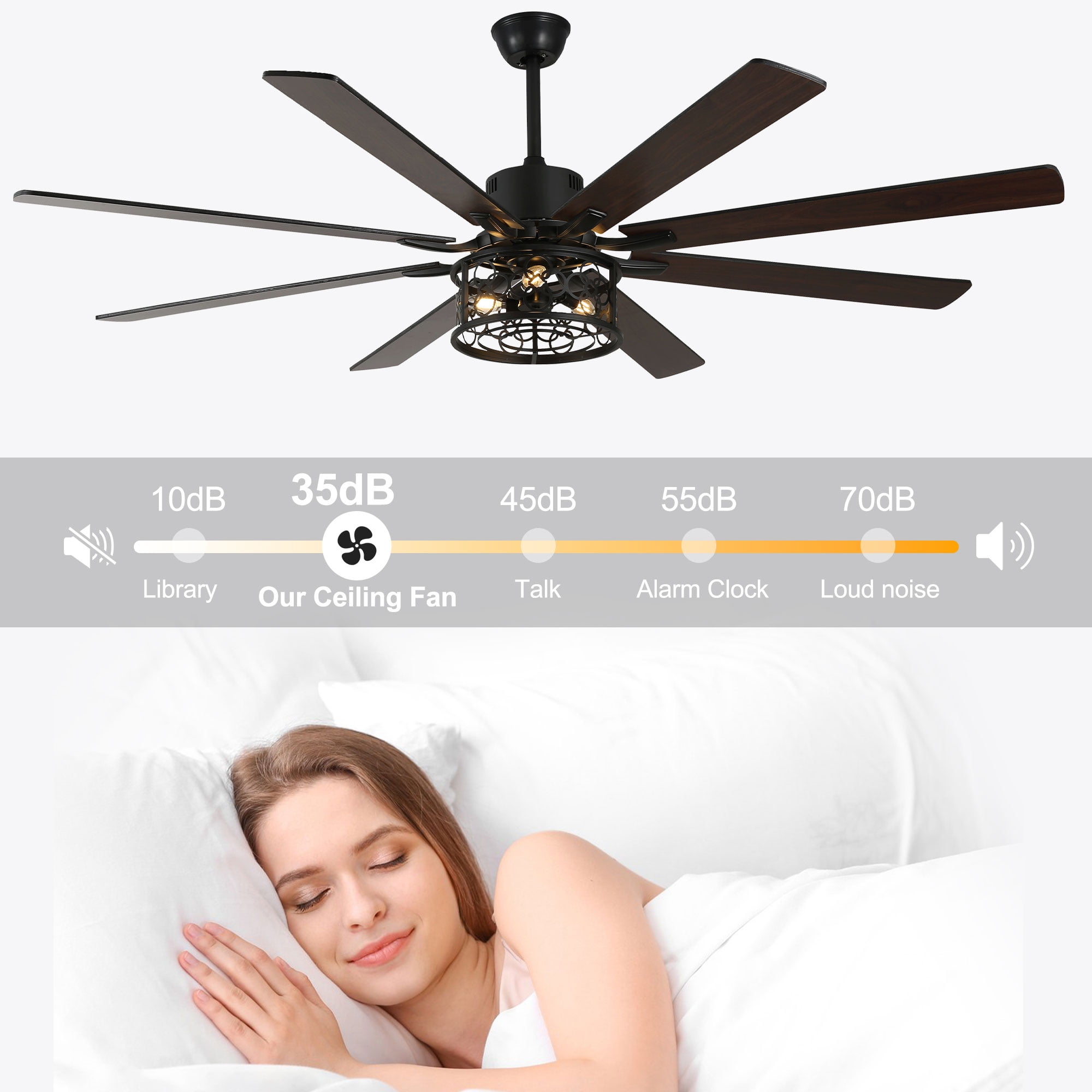 Chords Attic 72" Reversible 8-Blade Ceiling Fan with LED Lights, Remote 3-Color, 6-Speed and Timer