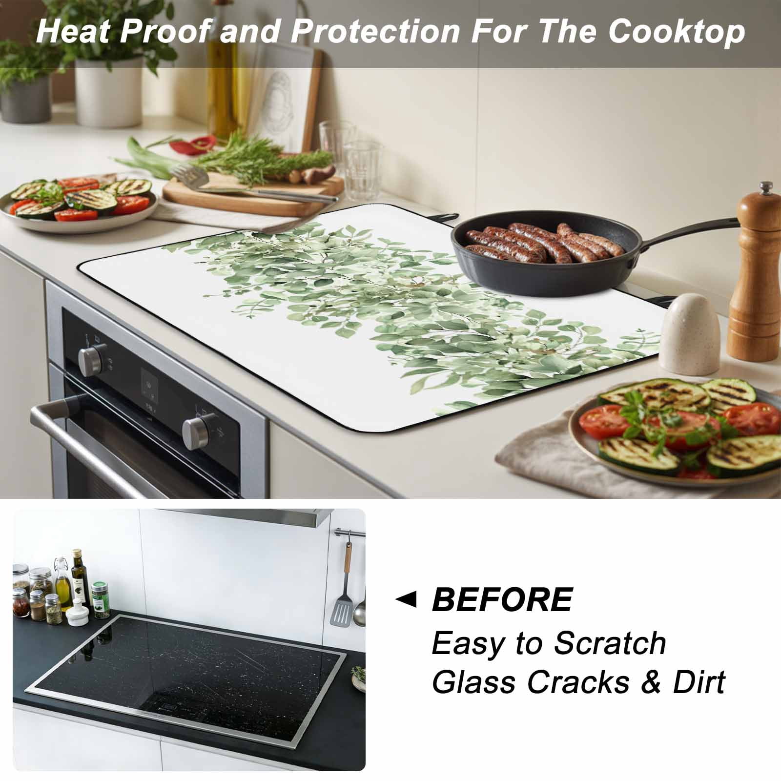 Sage Green Eucalyptus Leaves Stove Top Cover for Electric Stove, Heat-proof & Non Slip Glass Top Stove Cover Protector, Spring Summer Botanical Floral Kitchen Flat Cooktop Rubber Mat 28.5x20.5 Inches