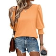 thumbnail image 4 of bbyeadc 3/4 Length Sleeve Blouses for Women 2025 Crew Neck Smocked Cuff Ruched Shirts 3/4 Sleeve Dressy Casual Loose Basic Trendy Tops Summer Solid Business Tshirts Clothes, Orange M, 4 of 7