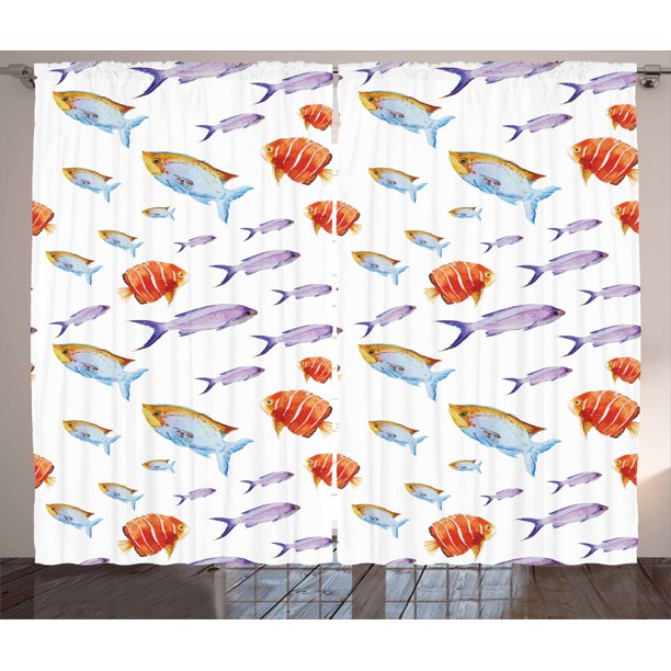 Fish Curtains 2 Panels Set, Underwater Life Themed Art with Tropical