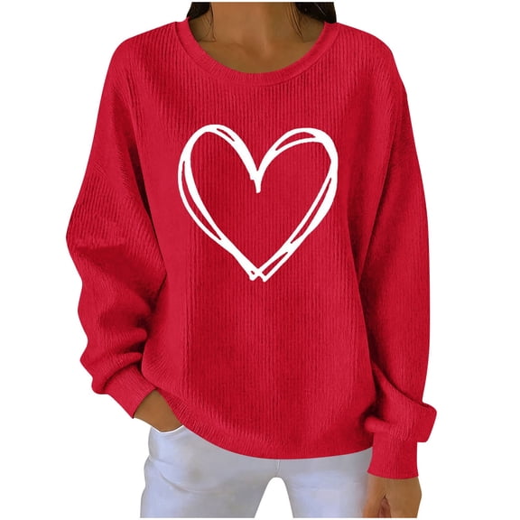 yievot Women's Valentines Ribbed Knit Tops Long Sleeve Crew Neck Heart Printed Shirts Casual Pullover
