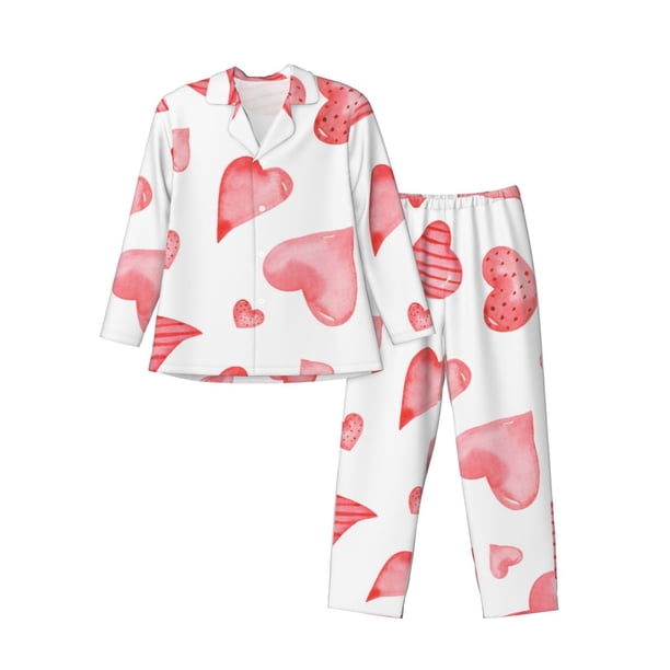 Balery Pink Hearts Pijama para Hombre de Dos Piezas con Manga Larga, Conjunto de Dormir y Descanso Suave con Bolsillos-Large