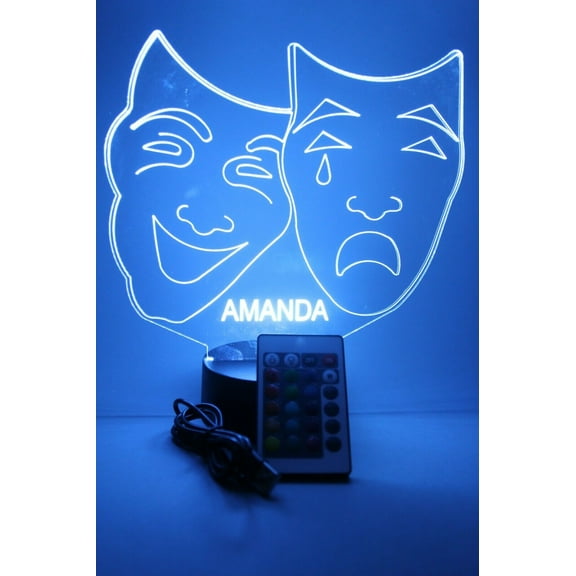 Comedy Tragedy Theater Masks Light Up Night Light Lamp LED Free Engraved Custom Name Personalized Table Lamp, with Remote, 16 Different Color Options, Dimmer, It's Wow, Great Gift