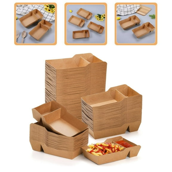 2 Compartment Kraft Trays,Grease Resistant Camping Trays,Brown Food Serving Containers for Indoor and Outdoor Parties,50Pcs