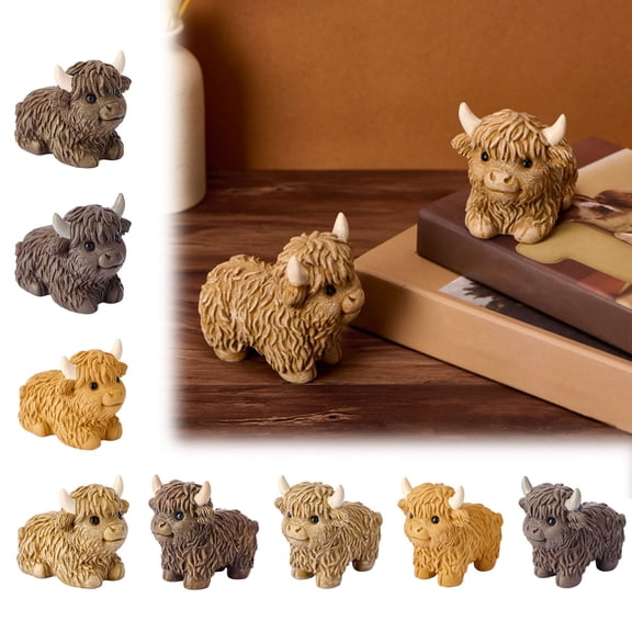 Blukids Highland Cow Figurines Resin Decor Highland Cattle Statue Scottish Toetom Cow Gifts Ornament Nursery Home House Desk Accessories Office Animals Table Sculptures Decorations(A)