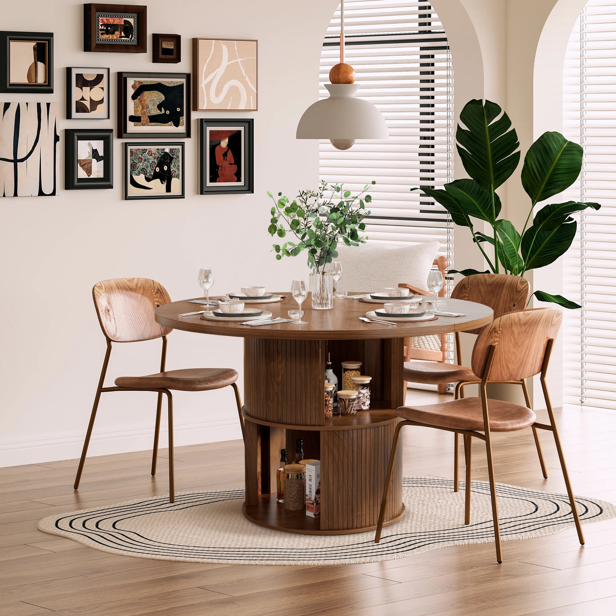 Fiogmub 47 inch Round Dining Table for 4, Circle Kitchen Table with Storage Shelf, Modern Dinner Table for Living Room, Walnut