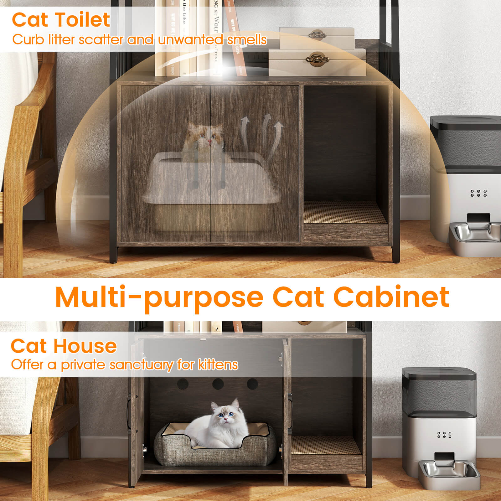 Costway Cat Litter Box Enclosure with Storage Shelves with Scratching Pad, Charging Station